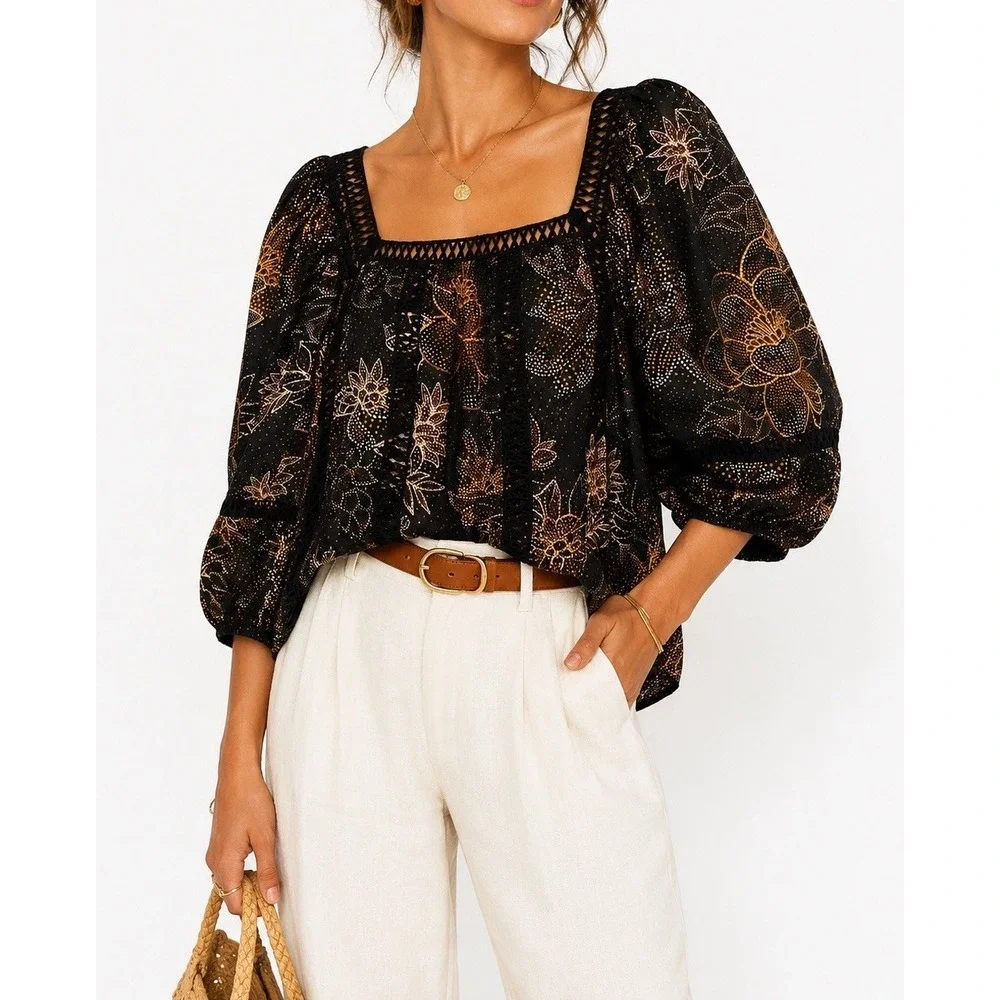 NWT FARM Rio x Anthropologie Floral Puff Sleeve Cotton Blouse Black Size L